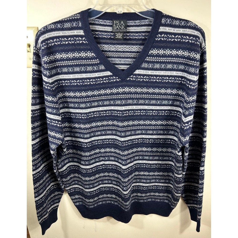 Jos. A. Bank Sweater Mens L Navy Blue Fair Isle Lambswool Blend V-Neck Luxe